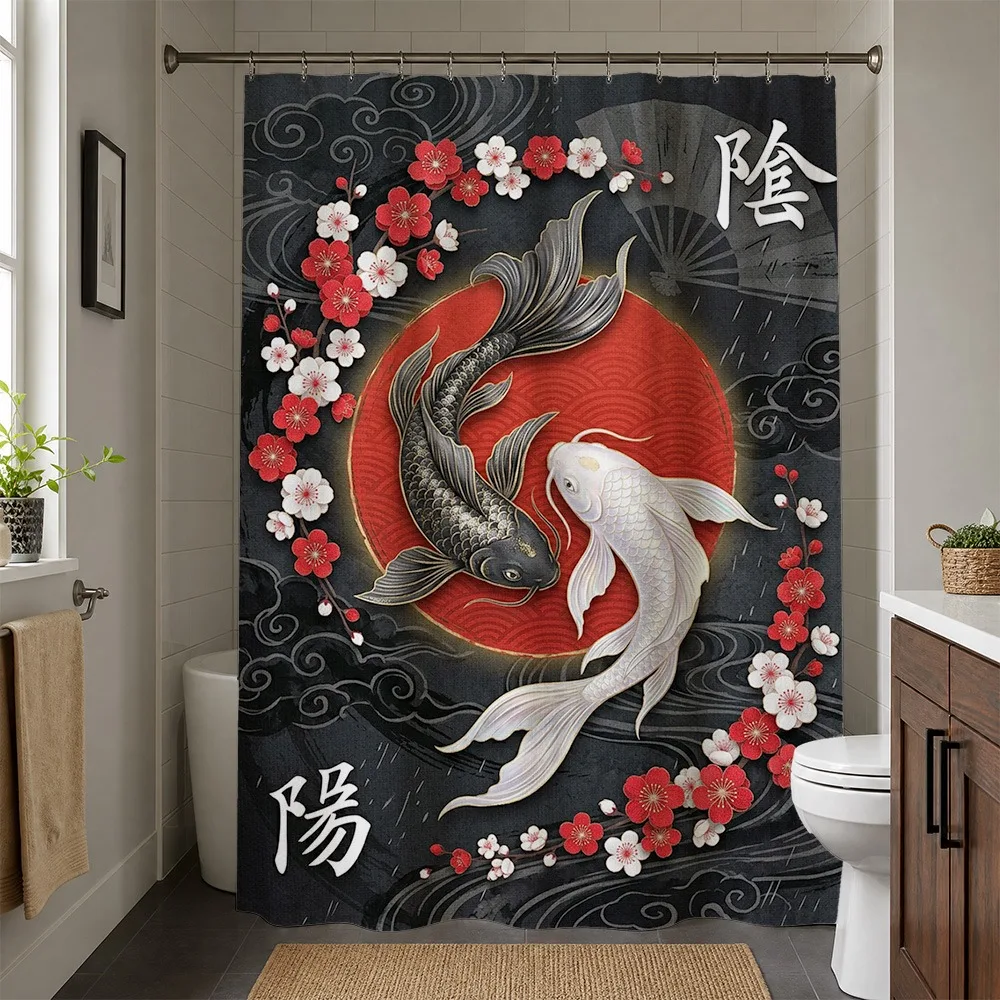 Chinese Dragon and Phoenix Shower Curtain Waterproof Bathroom Decor Asian Art Style Curtain for Master Bath