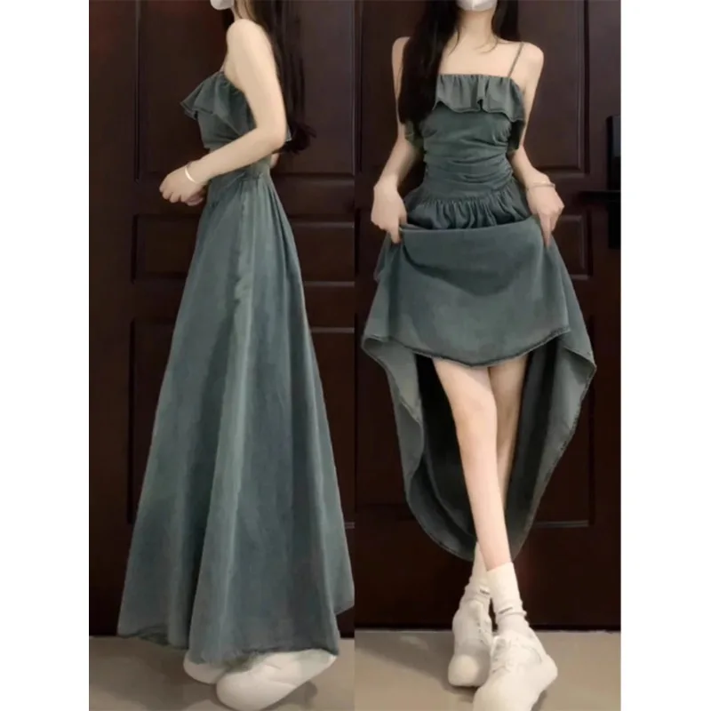 

Retro Denim Dress, Women's Summer New Style, Waist Cinching Temperament, Ruffle Edge Suspender Long Skirt