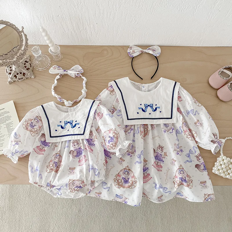 

2025 Spring Autumn Sister Look Baby Girls Rompers Cartoon Pinted Lapel Cotton Long Sleeve Kids Girls Dress Toddler Girl Outfits