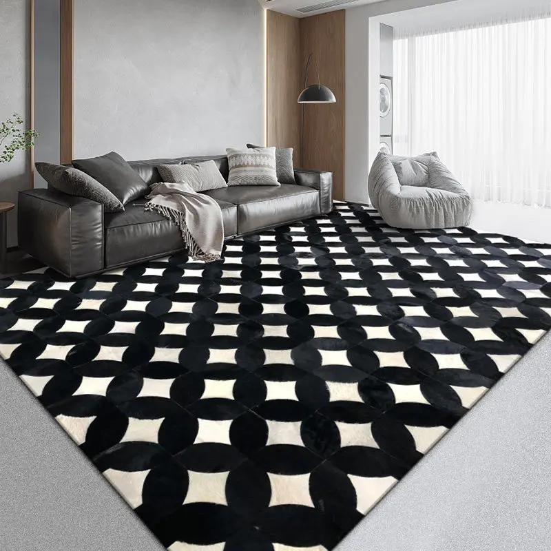 Simple Black While Living Room Carpet Sofa Coffee Table Rug Real Cowhide Bedroom Bedside Rug Handmade Cow Mat Home Decoration
