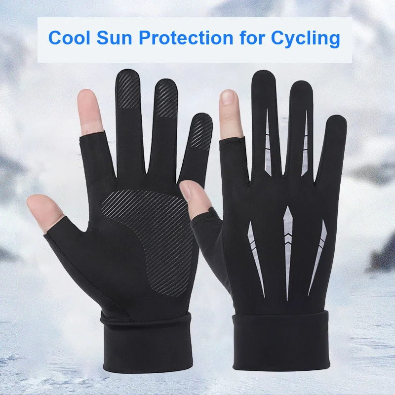 Men s Two-finger Cut Ice Silk Thin Sun Protection Gloves Anti-UV Non Slip for Summer Driving Cycling Express Rider Use