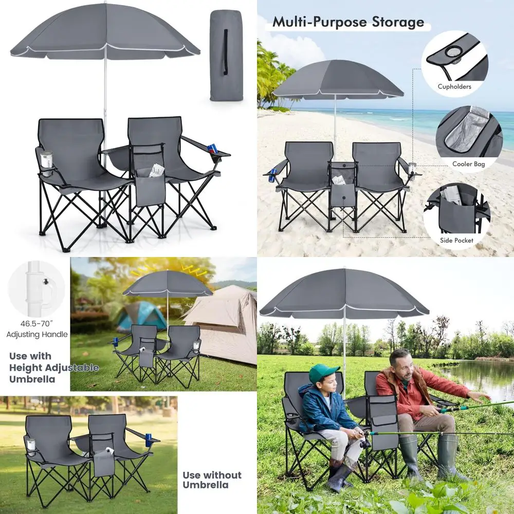 كراسي تخييم قابلة للطي مع مظلة قابلة للإزالة، حاملات أكواب، حقيبة تبريد، جيوب جانبية، حقيبة حمل لشخصين، مثالية للاستخدام في الهواء الطلق