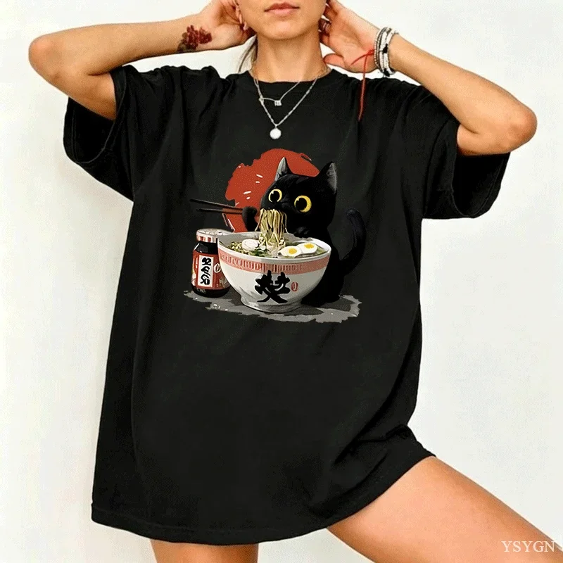Kawaii Ramen Cat T-Shirt Funny Asian Foodie Graphic Tee Men Women Cotton Short Sleeve Oneck Tshirt Streetwear Comfortable