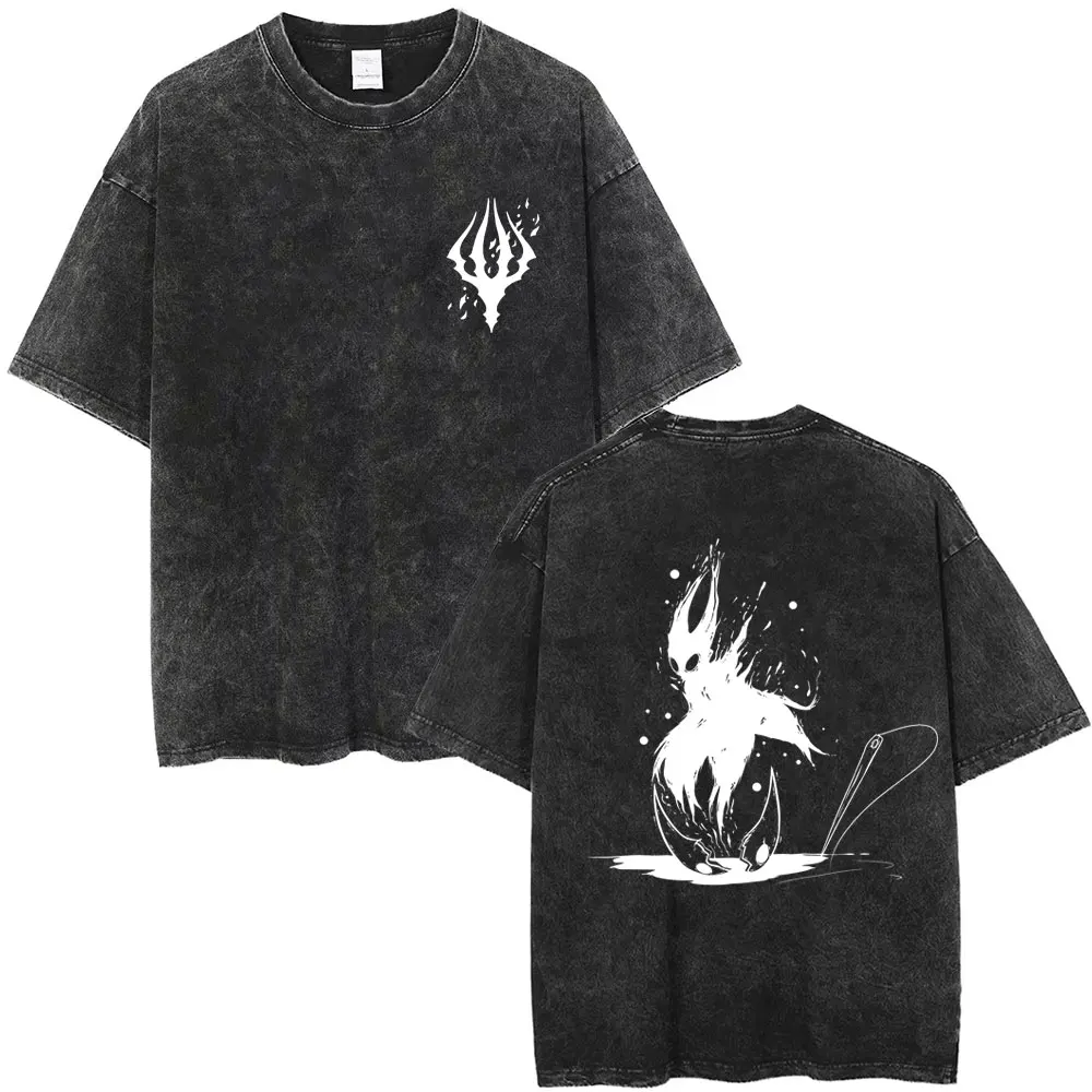 Washed Vintage Game Hollow Knight Double Sided Print T-shirt Fans Gift Men Women Fashion Casual Oversized Short Sleeve T Shirts