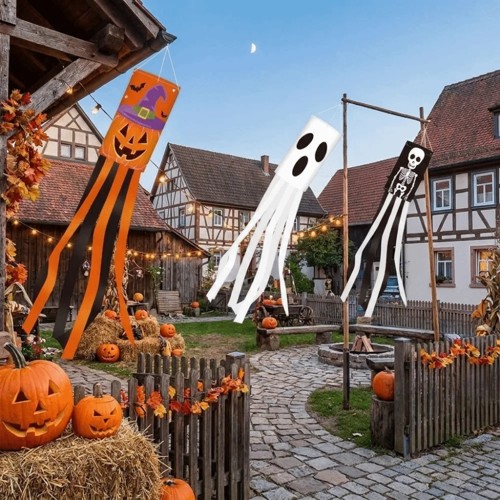 Pumpkin Ghost Pattern Halloween Wind Flag Wind Tube Flag Ribbon Festival Wind Vane Hanging Spooky Garden Flag