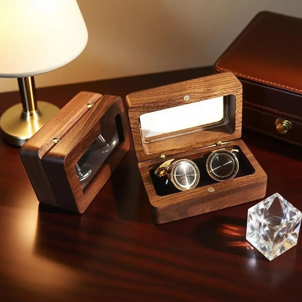 

Double Slot Wooden Ring Box Opening Window Dustproof Black Walnut Cufflinks Box Exquisite Rectangular Jewelry Ring Holder