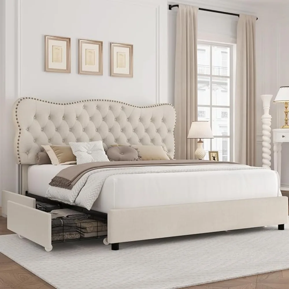 

Bed Frame with 4 Storage Drawers, Upholstered Platform Button Tufted Headboard, Heavy Duty Mattress Foundation Wooden Slats