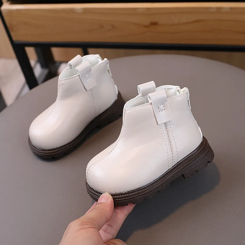 British Style Toddler Boots Fashion Zipper Non-Slip Girls Ankle Boots Leather Solid Color Boys Casual Shoes Student Short Boots