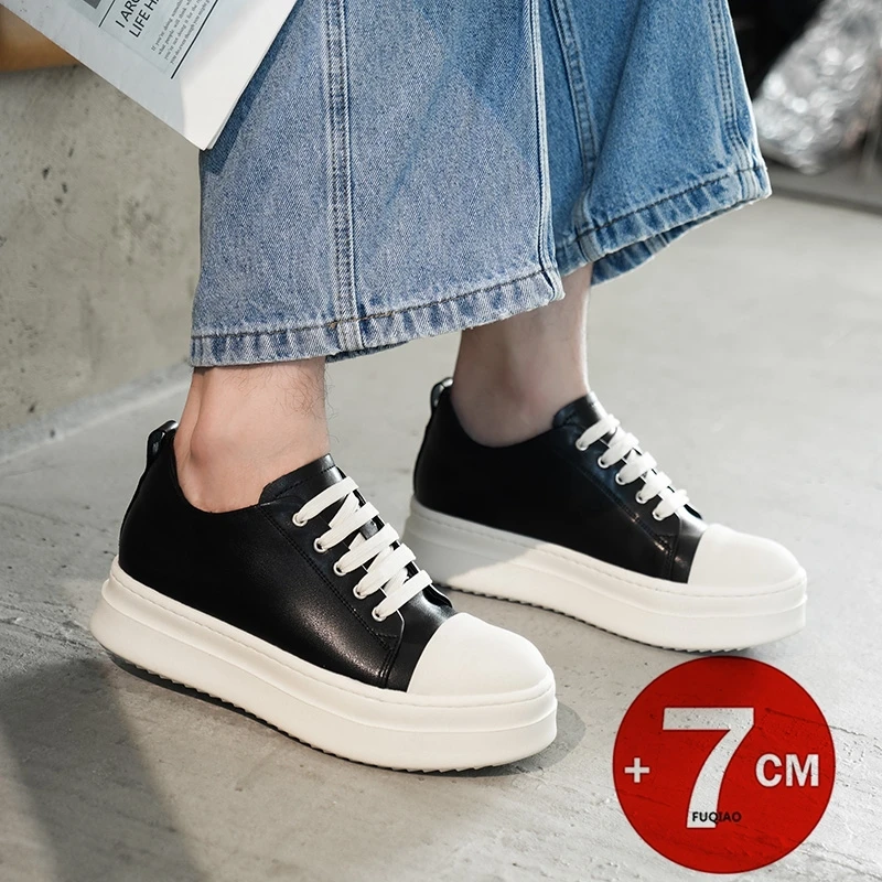 

British Style Brand Men Outdoor Thick Bottom Casual Elevator Sneakers Luxury Genuine Leather 7CM height increasing Vulcanized Sh