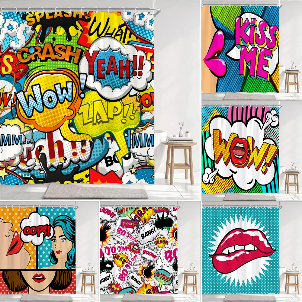 Comic Style Shower Curtain Humor Speech Bubbles Funny Vivid Cartoon Bang Boom Pop Art Illustarion Design Decor Bathroom Curtains