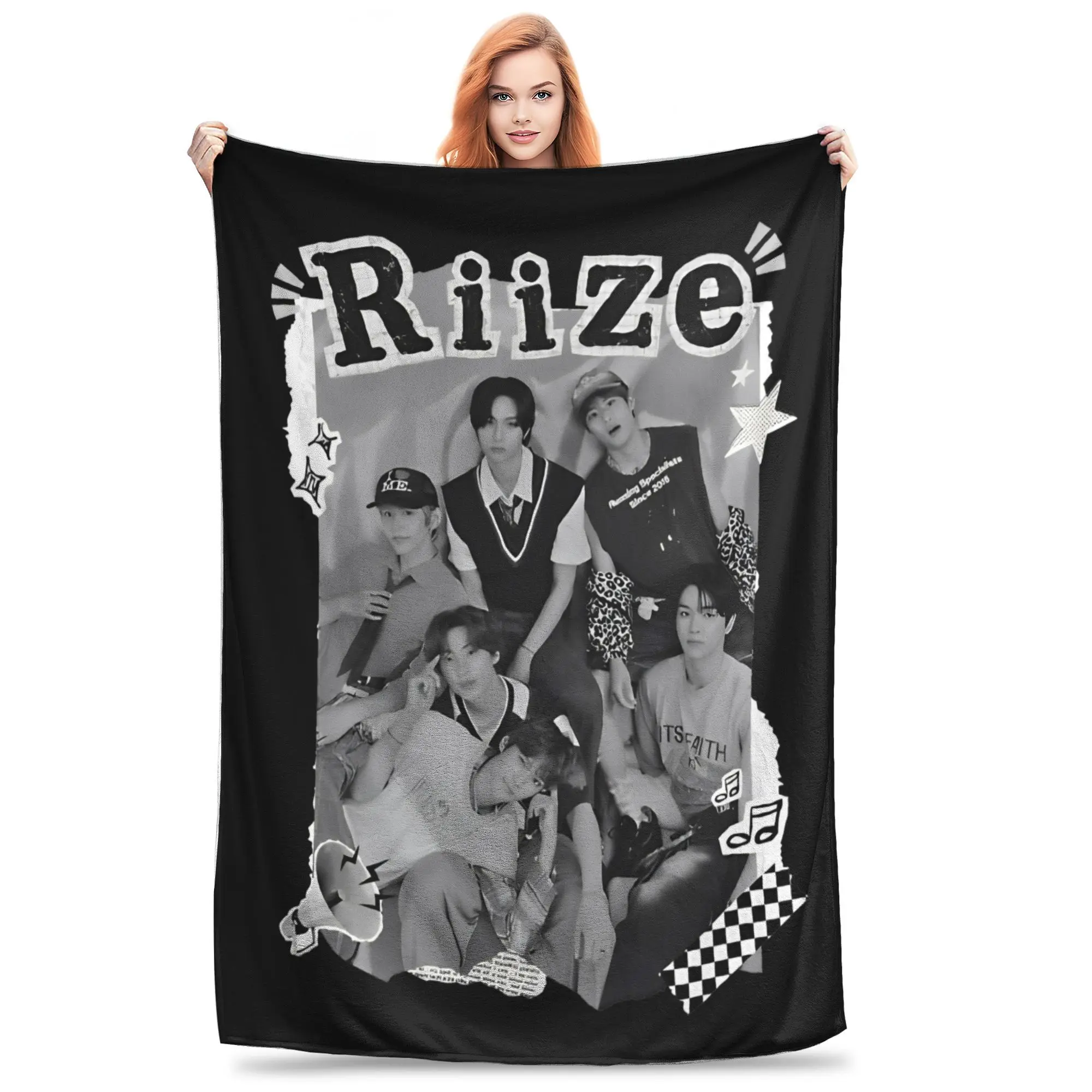 RIIZE Collage Bold Black and White Art Knitted Blanket Fleece  Super Soft Throw Blankets for Bedroom Sofa Bedspread