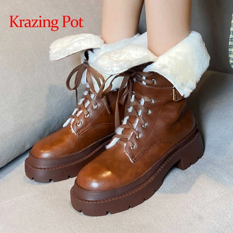 

Krazing Pot Cow Split Leather Round Toe Thick Bottom Snow Boots Punk Style Winter Keep Warm Handsome Fashion Mid-calf Boots L72