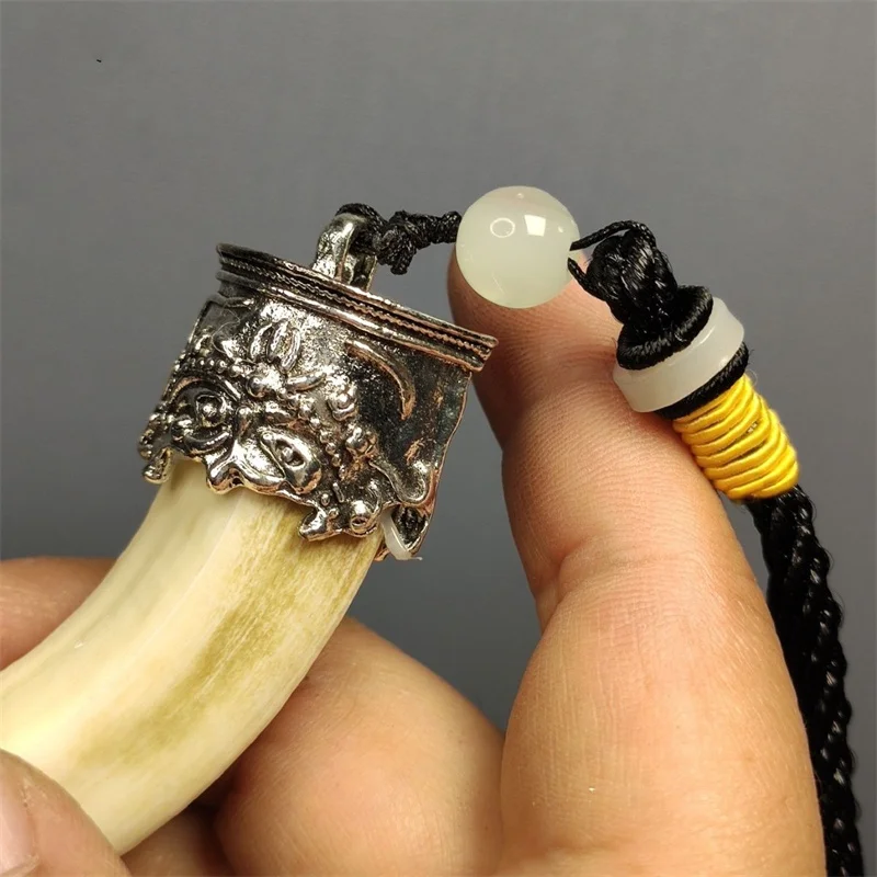 TibetanSilver Auspicious Beast Inlaid Pure Natural Wild Boar Tooth Necklace Pendant Fashion Elegant Jewelry Men Women CoupleGift