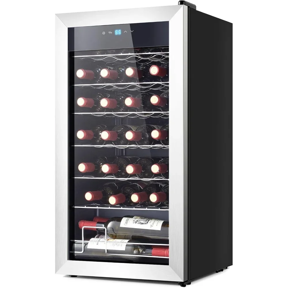 Wine Cooler 46-66℉ Beverage Wines Refrigerator, Glass Door Free Standing Mini Wines Cellar Aging Red, 28 Bottle Sparkling Wine