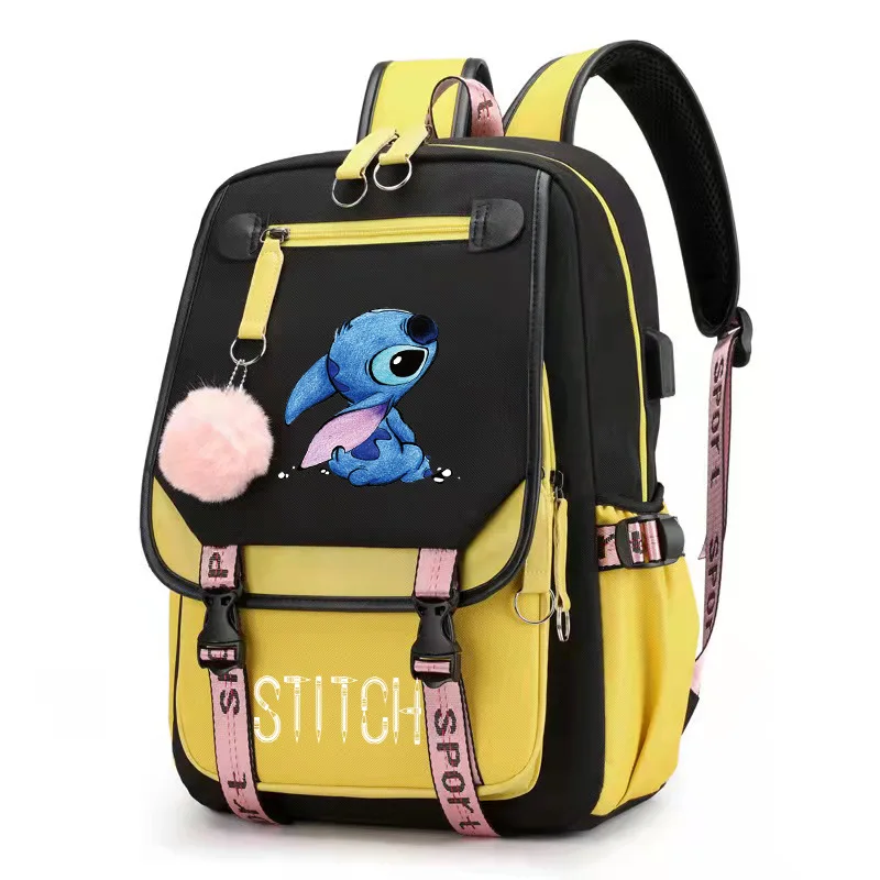 Disney-Mochila de Stitch para mujer, morral escolar con carga Usb, para adolescentes, niñas y niños, para ordenador portátil, de viaje