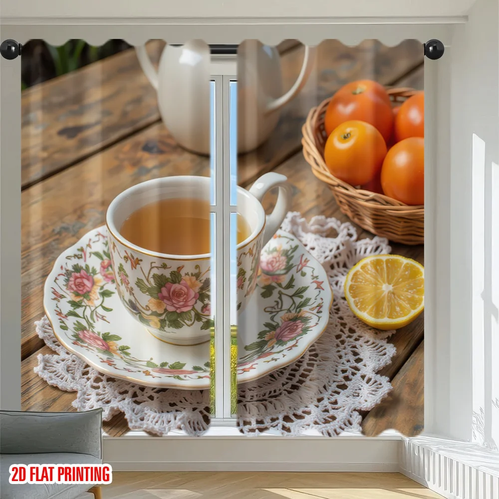 2D flat printing 2pcs Window Treatment Curtains Tea with Lemon and Flowers Digital Printed Polyester Drapes All Season Party &