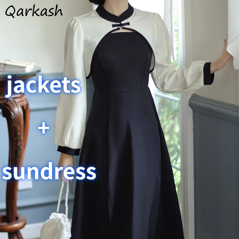 2-teiliges Set für Damen, bauchfreie, getäfelte Jacken, seitlicher Schlitz, Midi-Sommerkleid, chinesischer Stil, elegante Mode, Herbst, Dame, ästhetische Streetwear