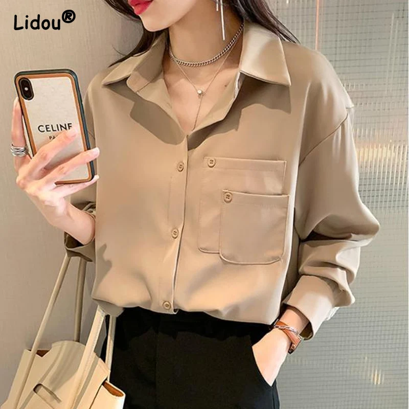 

Women's Clothing Solid Loose Spring Summer Thin Formal Pocket Button Turn-down Collar Straight Casual Shirts Simplicity Fashion