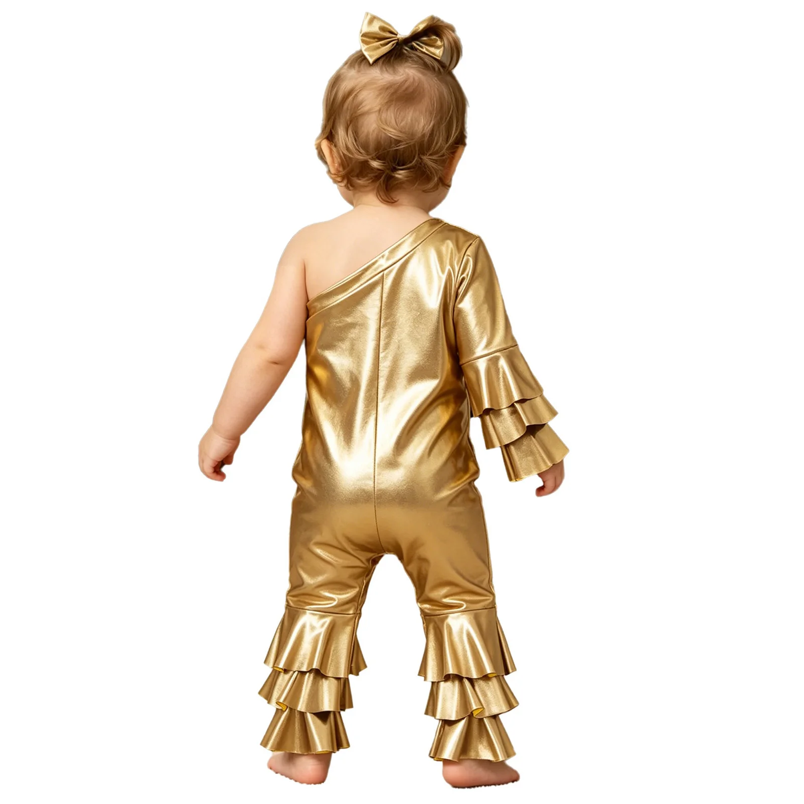 Baby Girls Metallic Rompers Birthday Party Outfit One Shoulder Tiered Ruffle Bell-bottom Jumpsuit with Headband for Photo Shoot