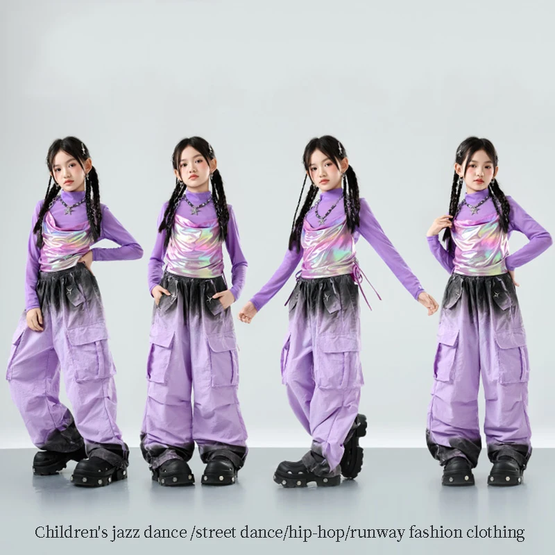

Фиолетовый танцевальный костюм в стиле хип-хоп для девочек, топы с длинными рукавами, жилет, брюки-карго, детская одежда для джаза, Kpop, концертный наряд BL18265