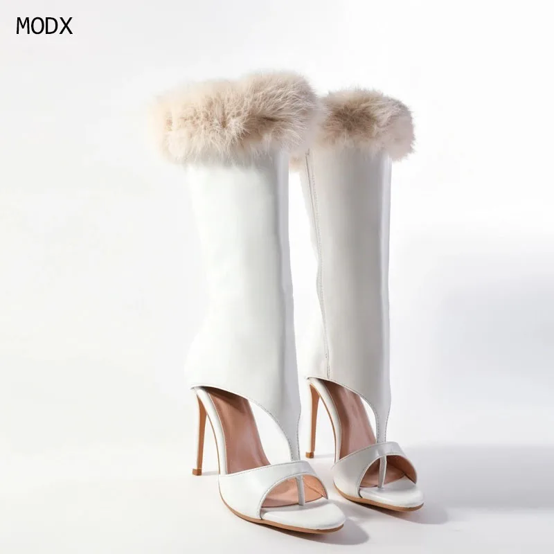 Women White Leather Faux Fur Trim Open Toe Stiletto Heel Knee High Boots, Cutout Side Zipper High Heel BootiesFashion Sexy Boots