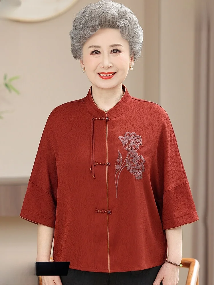 

Elderly Women's Silk Shirt Han Yung Xiang Grandmother Style Wedding Wear Elegant Summer Top for Mothers And Elderly Ladies