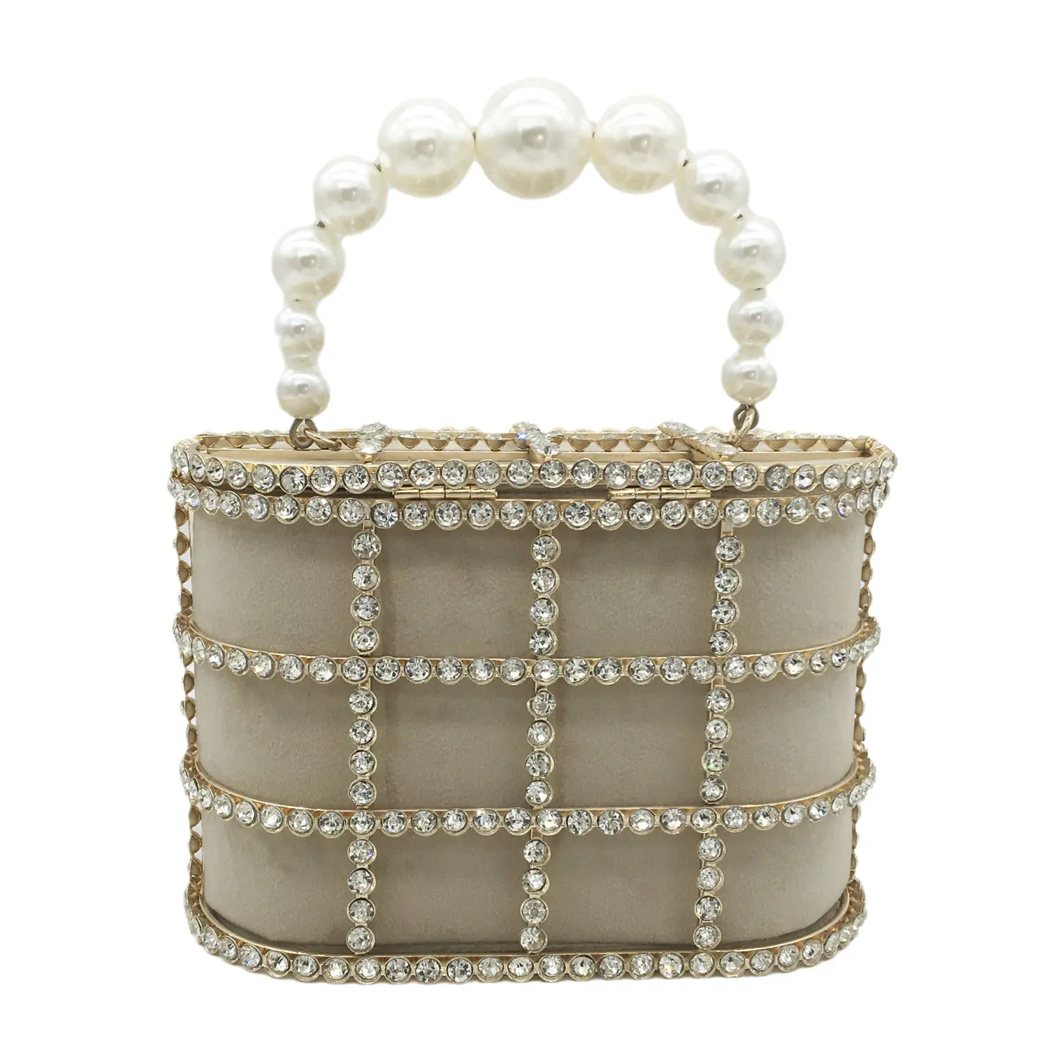 Boutique De FGG Pearl Top-Handle Women Evening Totes Bag Crystal Shoulder Bucket Handbags Weddingi Party Dinner Rhinestone Bag