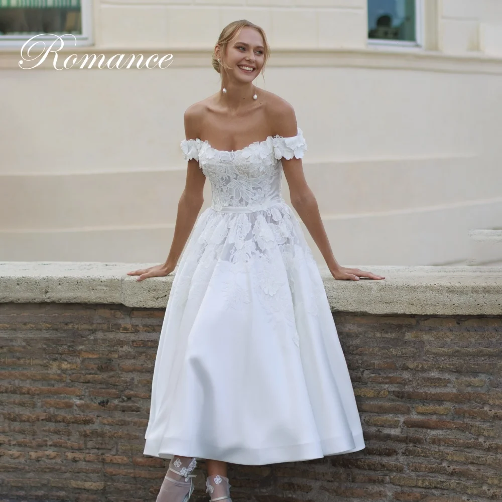 Eleganckie suknie ślubne w kształcie litery A z koronkowymi aplikacjami, odkryte ramiona, 2025, kwiaty, dekolt w łódkę, długość do kostek, Vestidos De Novia, możliwość personalizacji.