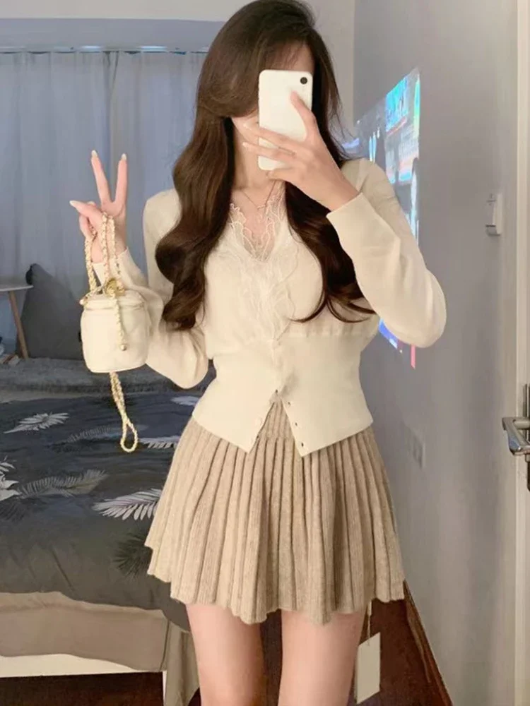 2023 Autumn Women French Long Sleeve Cardigan + High Waist Mini Skirt Korean Fashion Suits Elegant Office Lady 2 Piece Dress Set