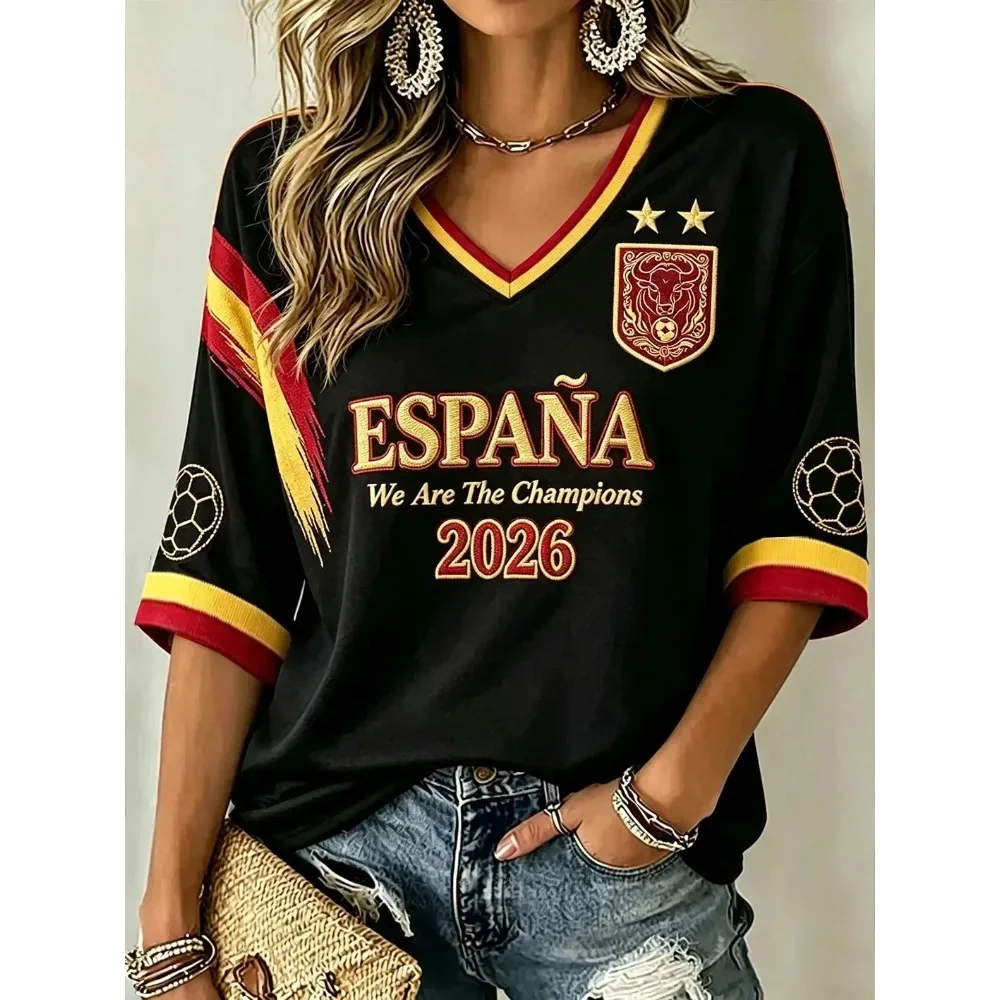 Summer Women's Spain We Are The Champions 2026 Print Celebrate España Football Printed T-shirt Spain Football Cultural T-Shirt