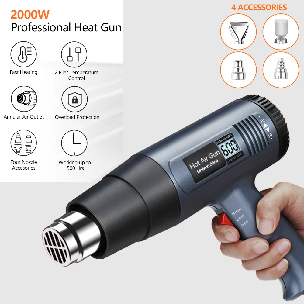 2000W Industrial Electric Hot Air Gun Digital Display Car Film Heat Gun Air Dryer for Soldering Thermal Blower Shrink Wrapping