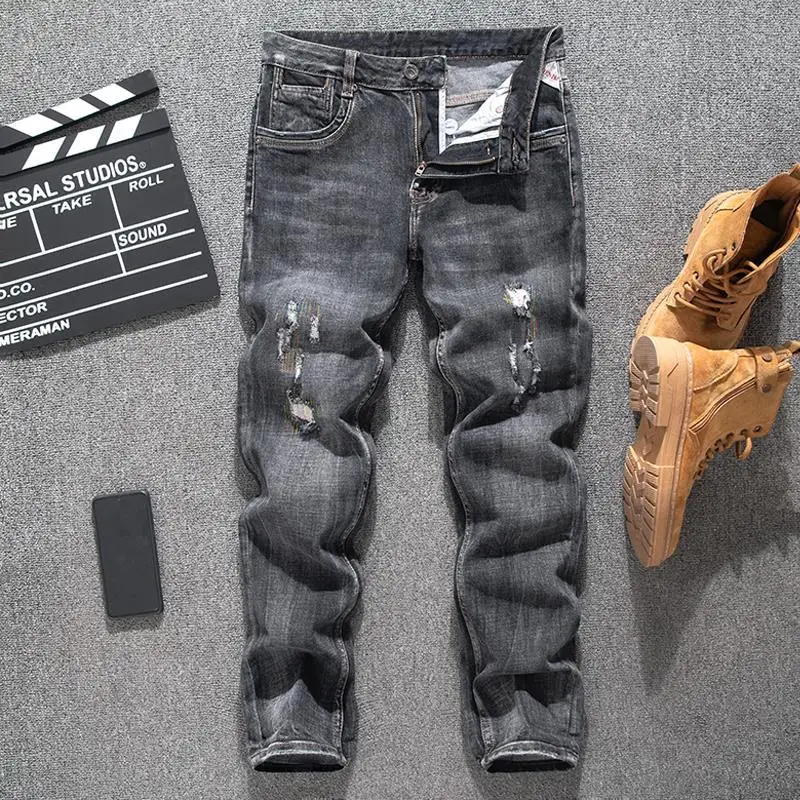 جينز عتيق لعام 2025 للرجال موضة الشارع بقصة ضيقة وأنبوب مستقيم سراويل جينز كلاسيكية متعثرة