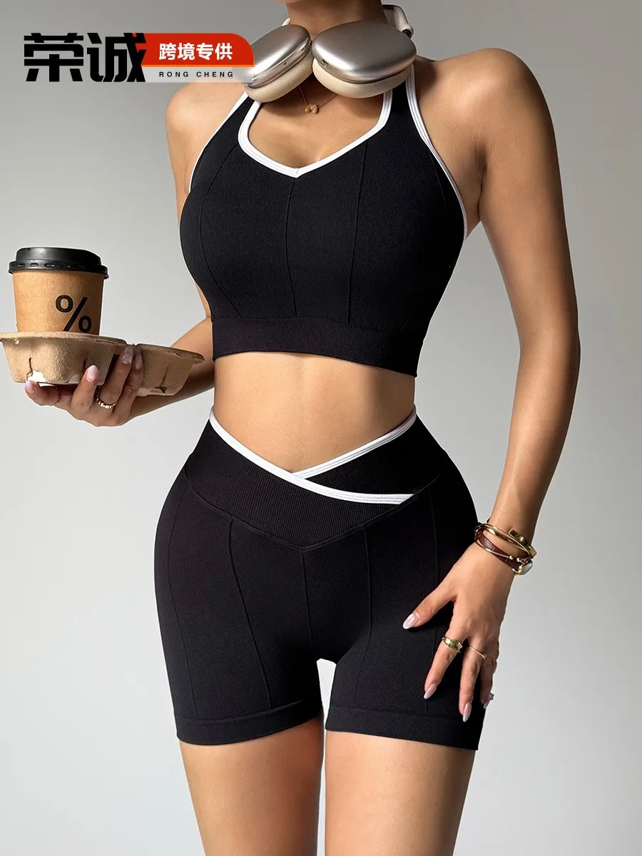 

Summer Women's Clothing Gym Set Sexy Outfits Suit Sleeveless Crop Top And High Waist Bike Shorts For Nylon Athletic Wear