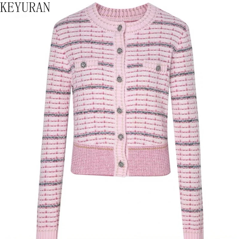 2024 Autumn Winter Korean Pink Striped Knitted Cardigan Women O-Neck Long Sleeve Single Breasted Buckle Slim Sweater Coat Jumper