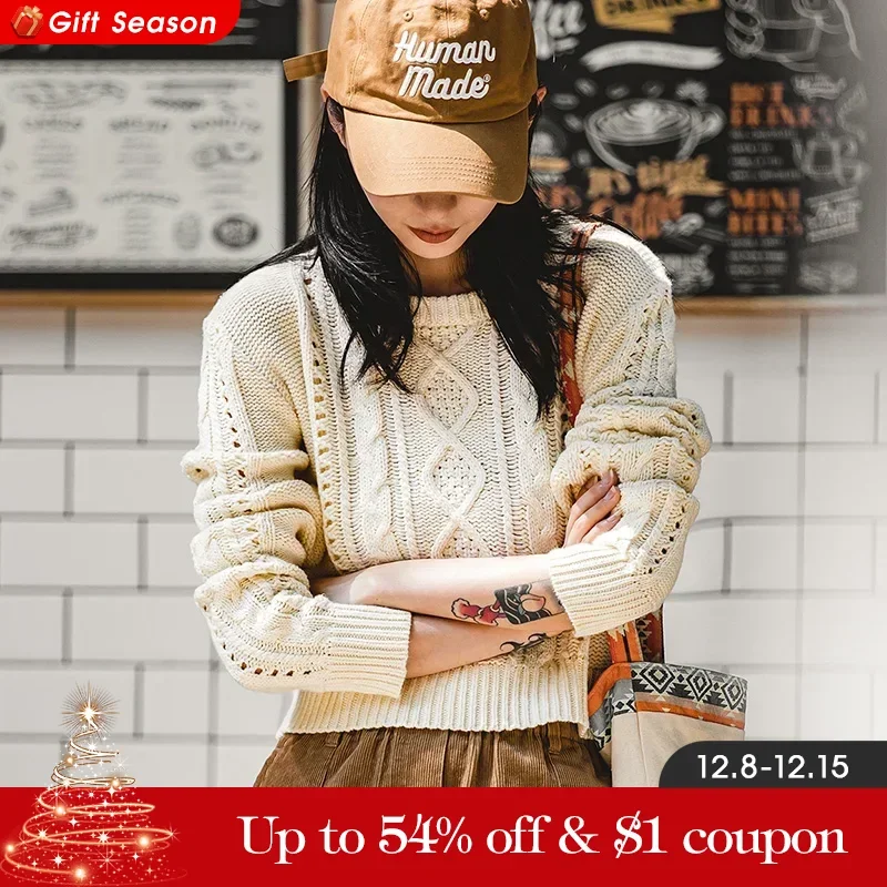 MADEN Women Hollow Out Sweater 2024 Autumn Winter New Long Sleeve Cropped Knitwear Round Neck Versatile Beige Pullover Sweater