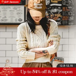 MADEN Women Hollow Out Sweater 2024 Autumn Winter New Long Sleeve Cropped Knitwear Round Neck Versatile Beige Pullover Sweater