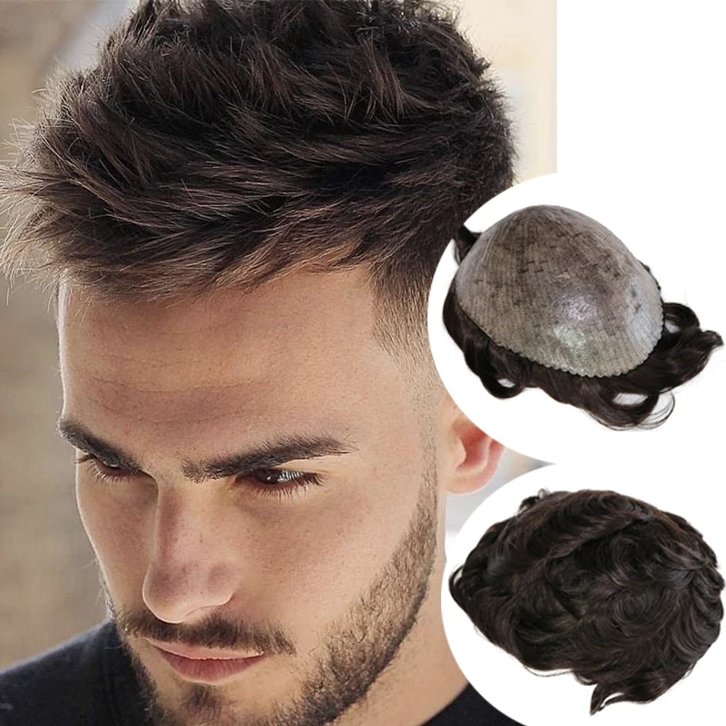 Perruque 100% cheveux humains en PU complet pour hommes, toupet, peau super durable, remplacement de la micropeau, capillaire, délié naturel, marron, noir