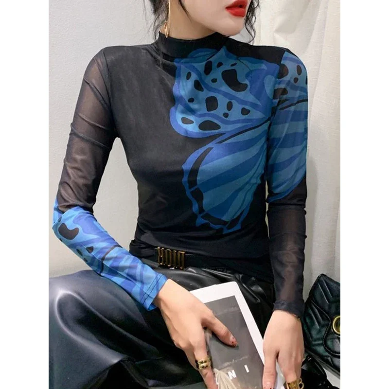 Yeezzi 2024 New Female Stylish Butterfly Printed Stand Collar T-Shirts Spring Autumn Long Sleeve Urban Casual Office Basics Tops