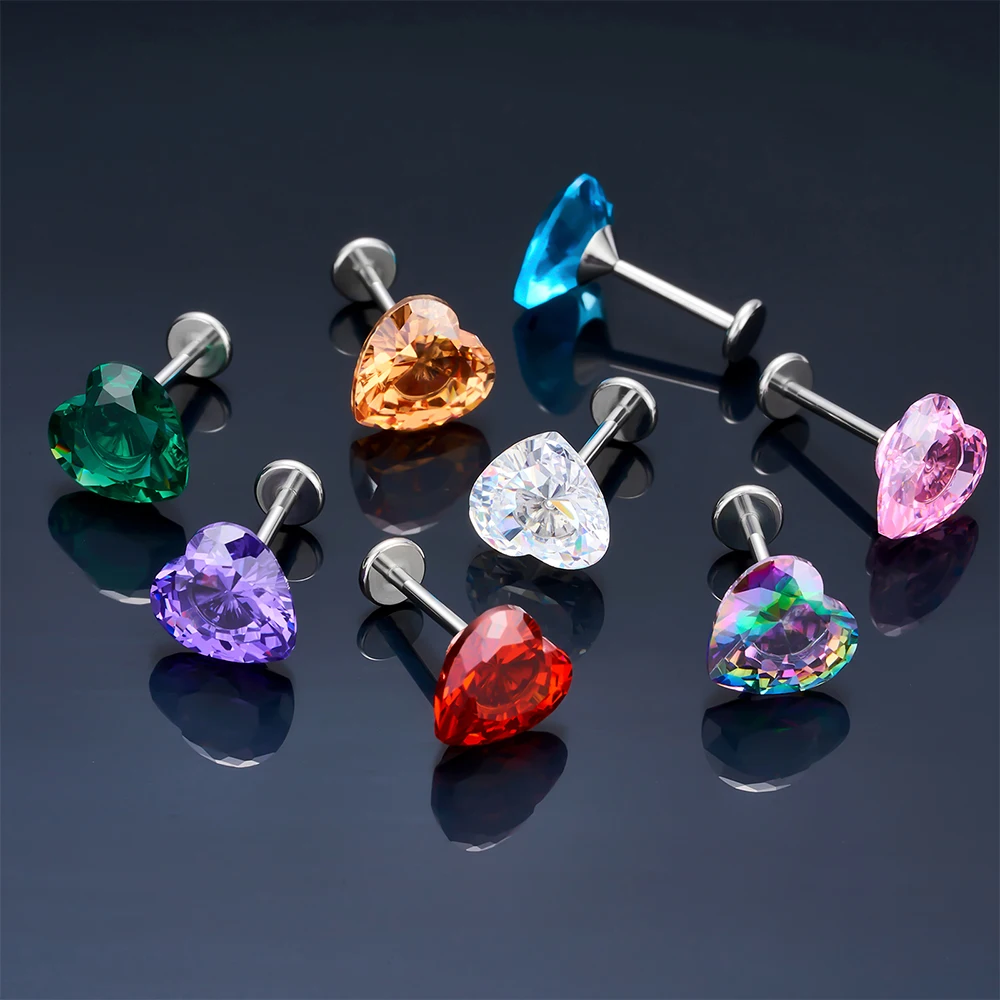 ASTM F136 Titanium 18G/16G Threadless Push Pin Labret Stud CZ Heart Cartilage Earring Helix Tragus Nose Stud Piercing