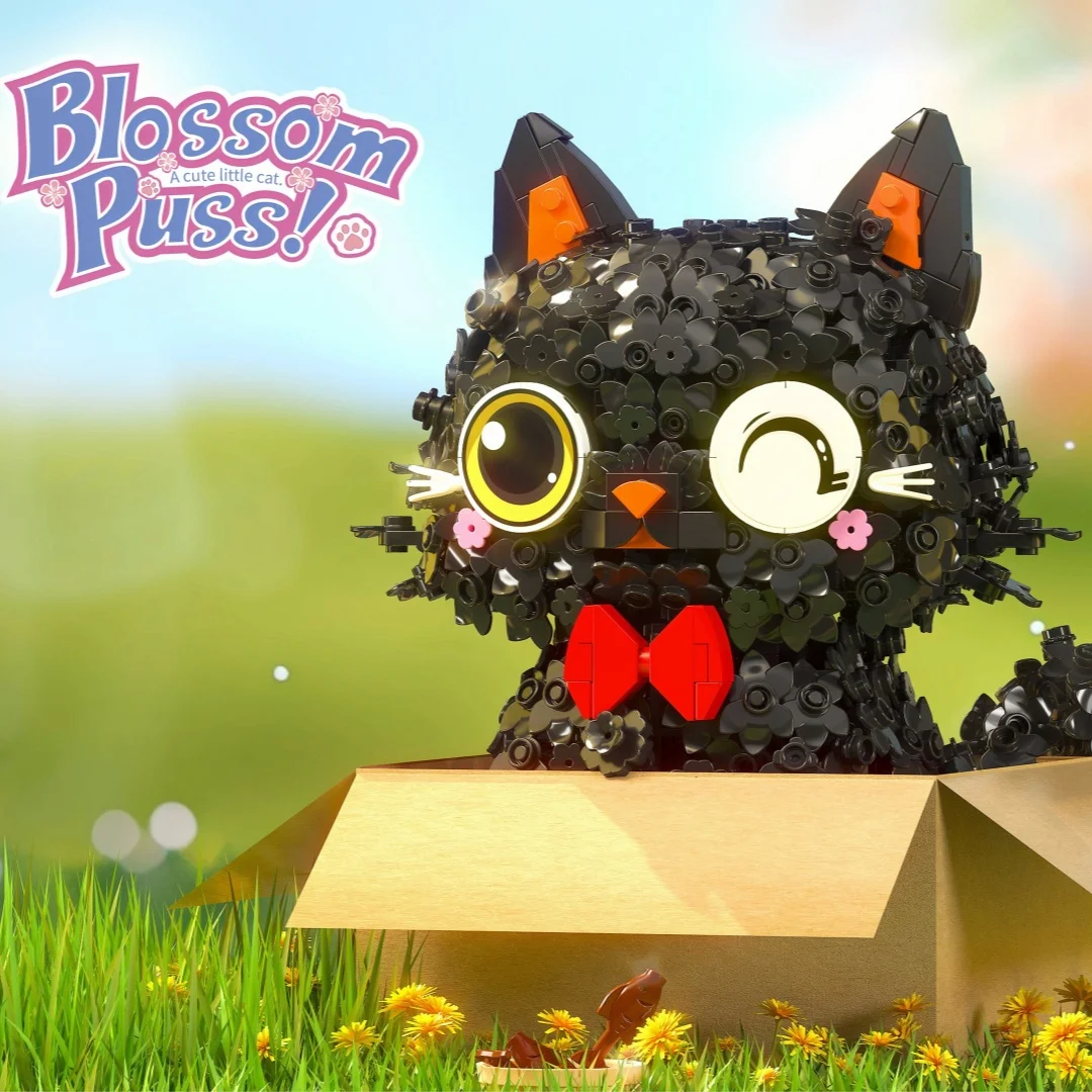 Gato negro dulce con pétalos de flores, Mini bloques de construcción, juguetes de desafío de alta dificultad, modelo Darling, regalo de vacaciones, decoración del hogar