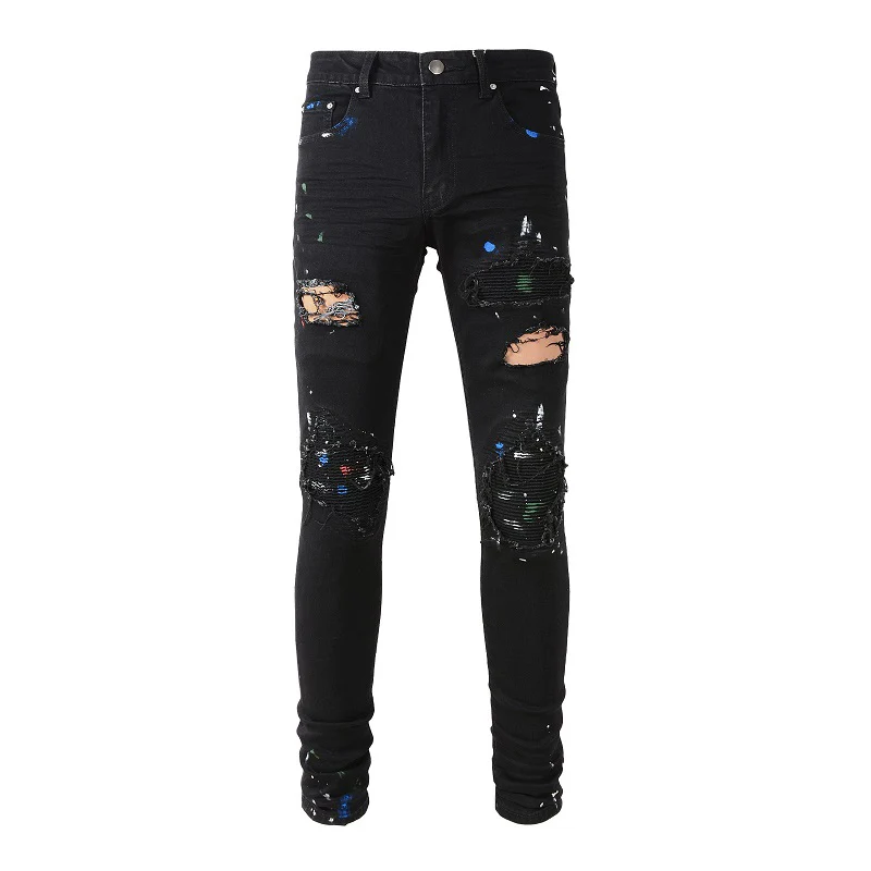 

Men's Black Skinny Distressed Patches Patchwork Holes Moustache Slim Fit Graffiti Ripped Jeans Men