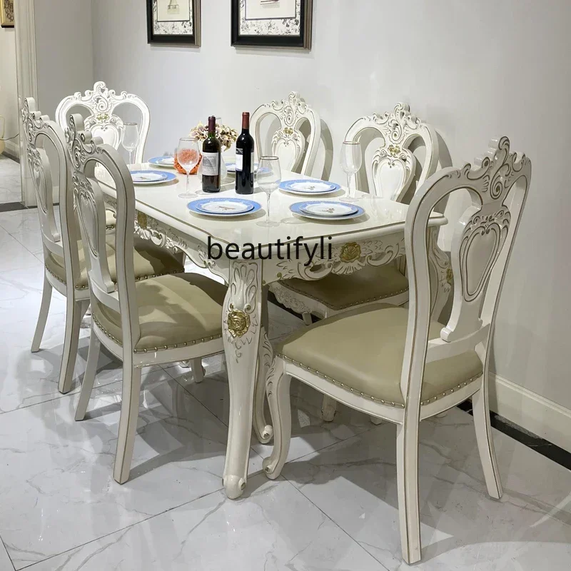 z183  European dining table and chair combination French square table rectangular solid wood carving flower pearlescent white