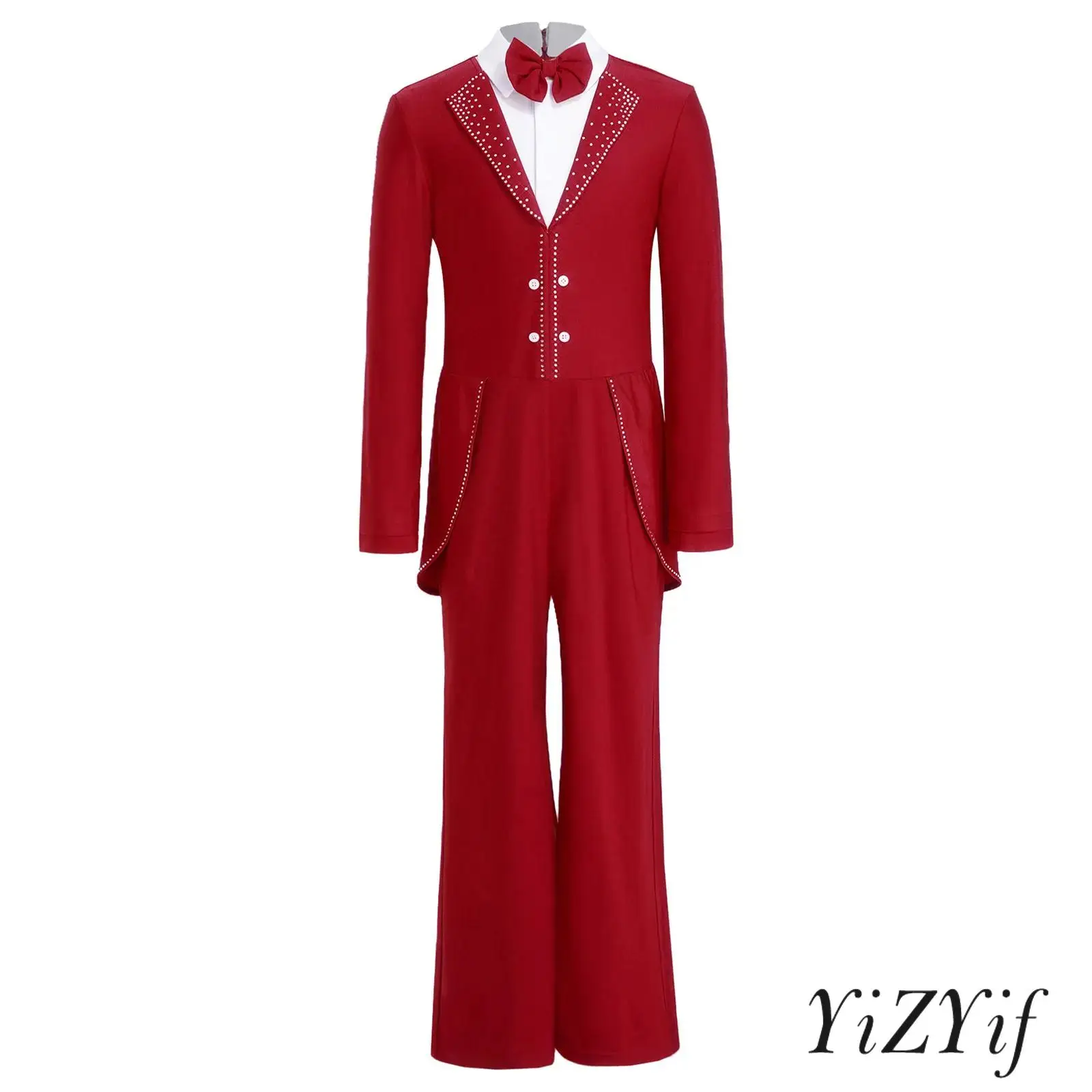 

Kids Boys Figure Skating Dance Costume Bow Tie Collared Lapel Long Sleeve Back Invisible Zipper Shiny Rhinestone Latin Jumpsuit