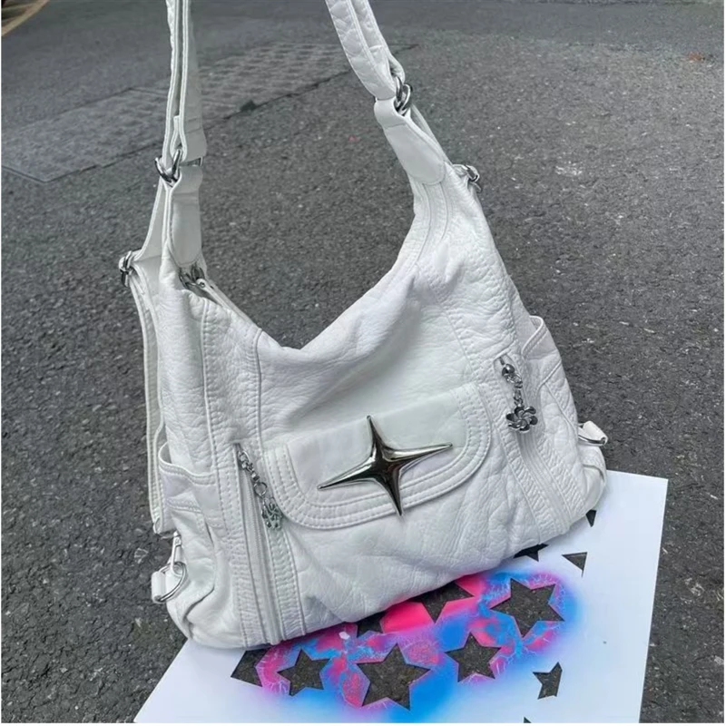 

Y2K Large Capacity White PU Leather Shoulder Bag American Style Punk Goth Fashion Simple Designer Cross Handbag