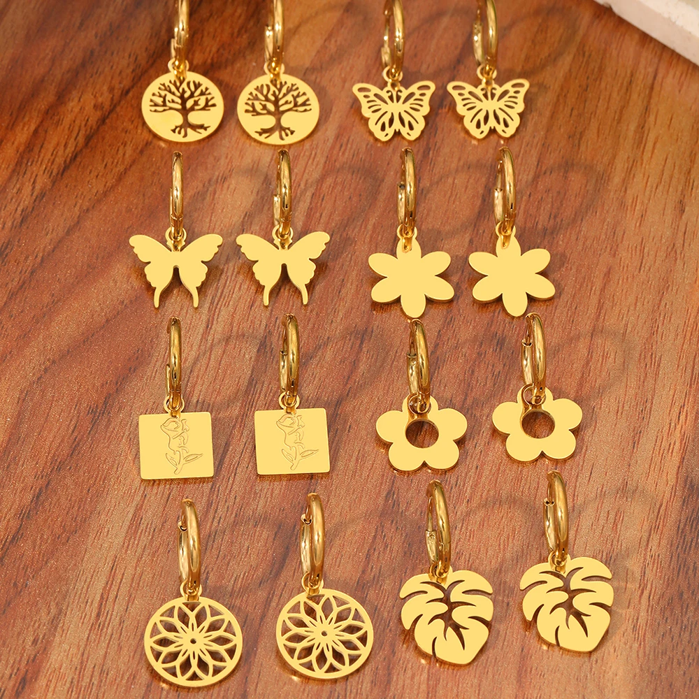 Stainless Steel Earrings Butterfly Shape Rose Engraving Simple Openwork Design Tree of Life Earrings For Women Jewelry Luxurious