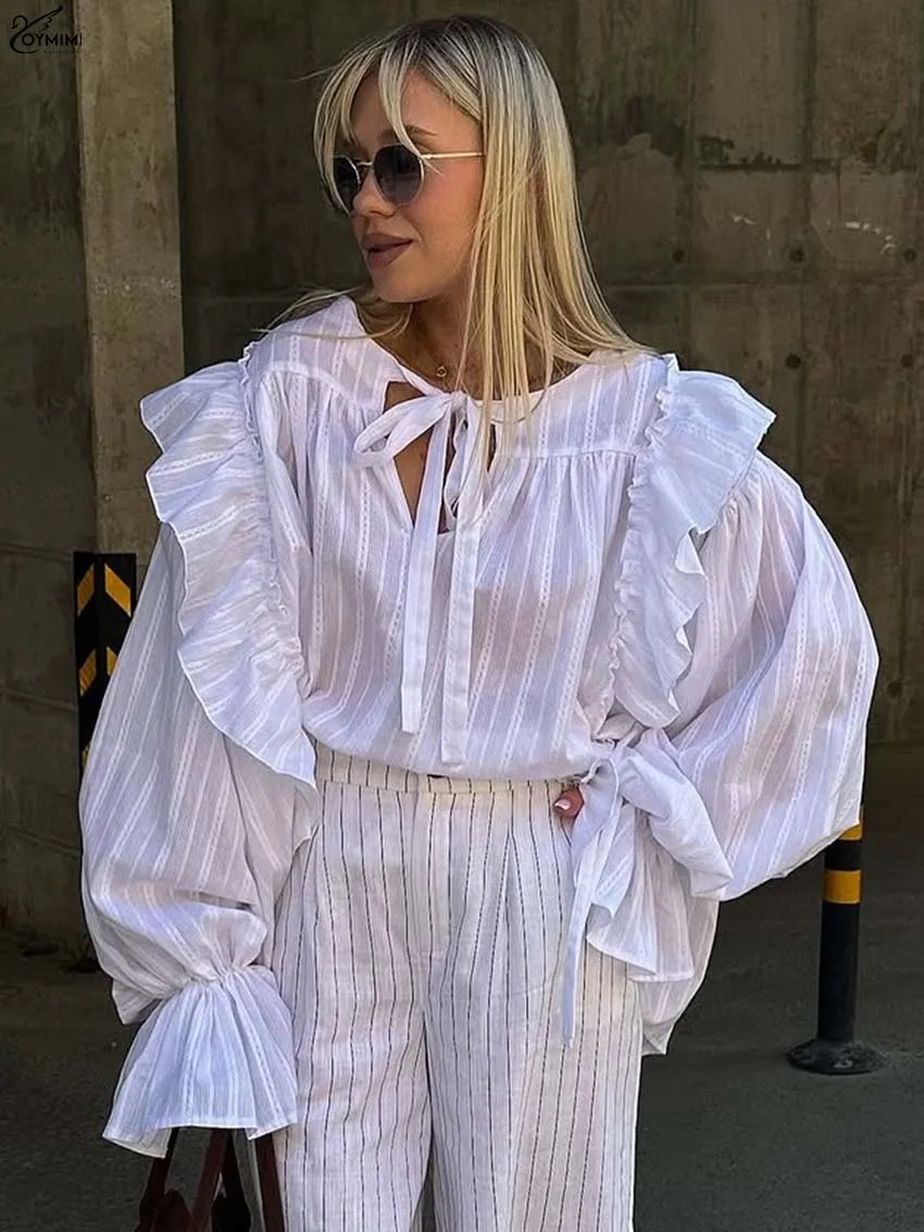

Oymimi элегантные белые хлопковые женские блузки модные блузки с круглым вырезом на шнуровке с длинными рукавами осенние свободные длинные рубашки с рюшами уличная одежда