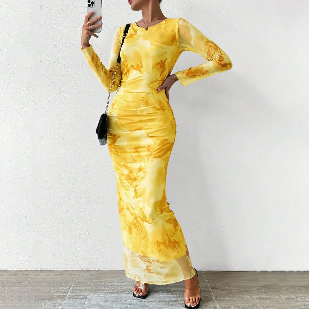 Sexy Bodycon Tie Dye Print Long Dress High Waist Wrap Ruched Slim Fit Midi Clubwear