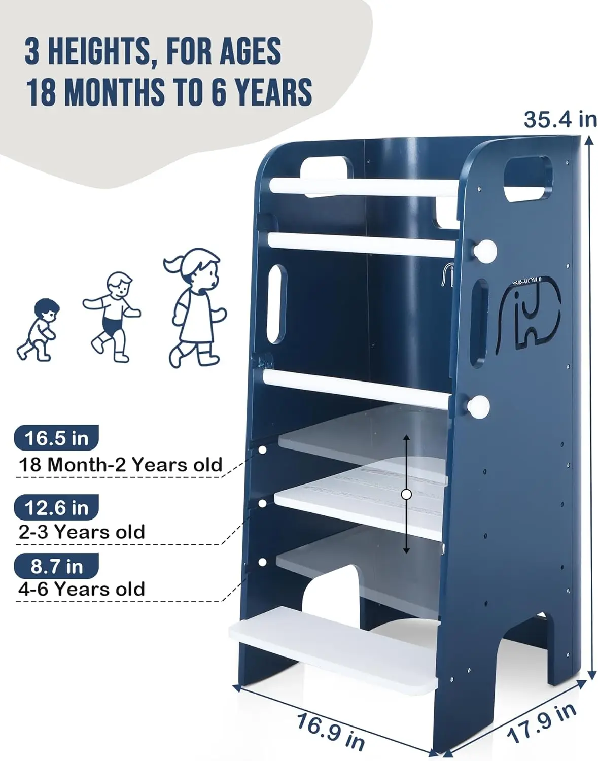 Standing Tower, 3 Levels Adjustable Height Toddler Kitchen Stool Helper with Removable Safety Rail, Closed Back & Anti-Slip Stri