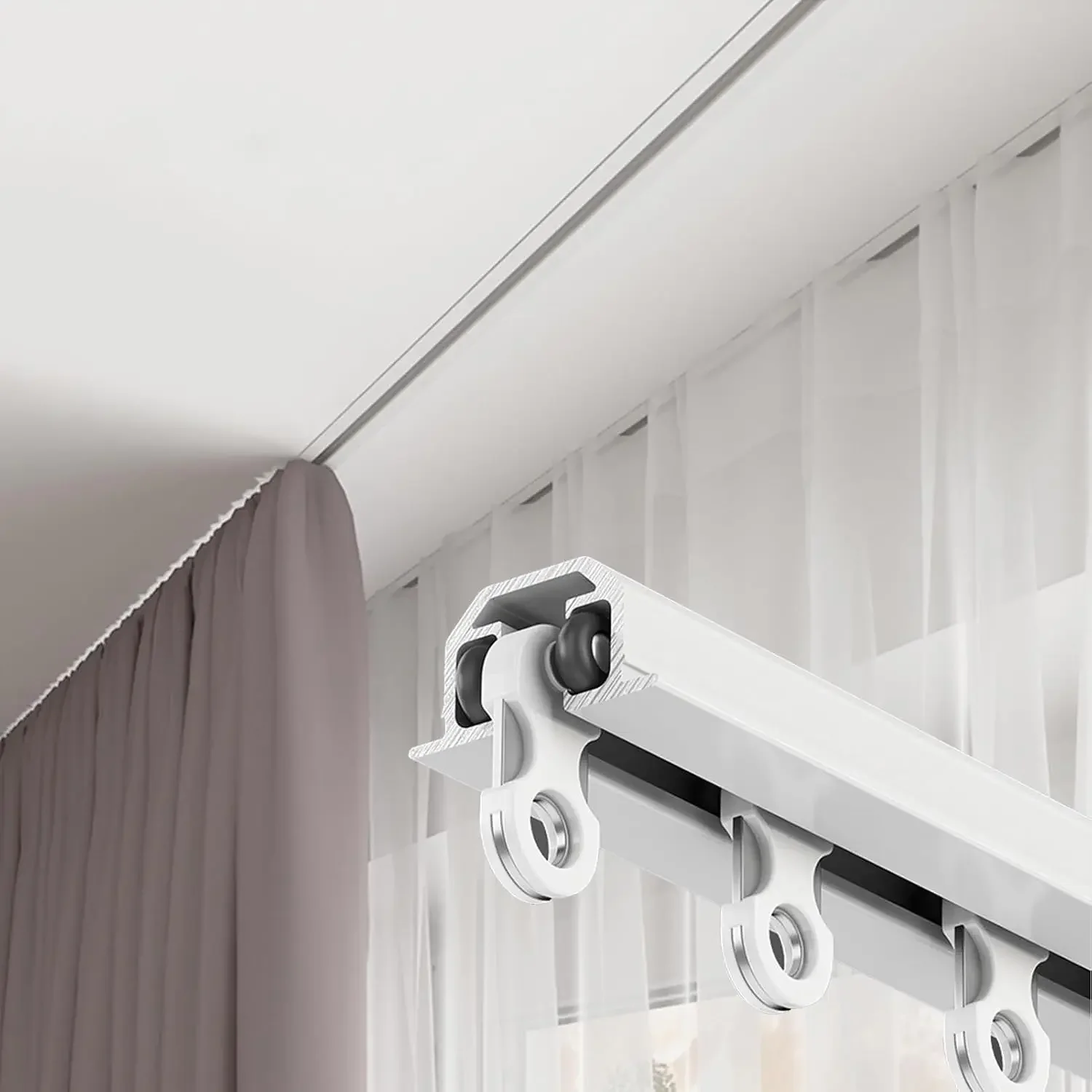 3 Ft - 25 Ft Hidden Curtain Rod Track, Privacy Divider Shower Window Curtain Rail with Silent Rollers, Invisible Ceiling Track f