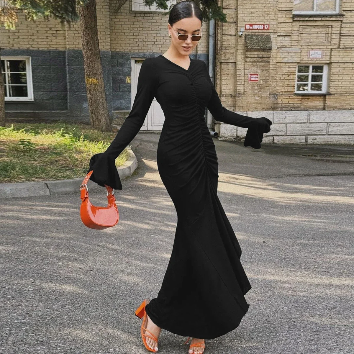 

2025 new Elegant Solid V Neck Long Flare Sleeve Ruched Sexy Bodycon Maxi Prom Dress Autumn Women Clothes Evening Party Club